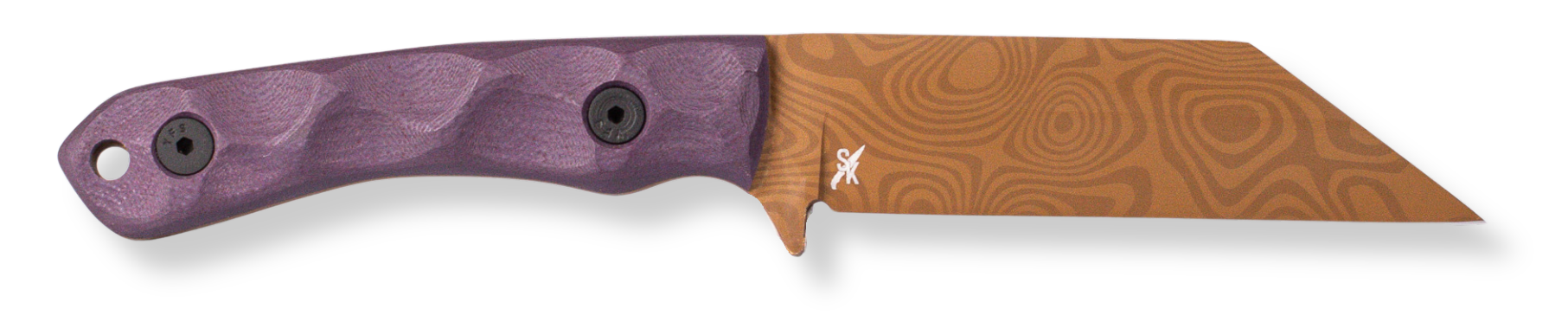 GP3 What The Kicks with topographic engraved FDE Cerakote blade and sculpted purple G10 handle