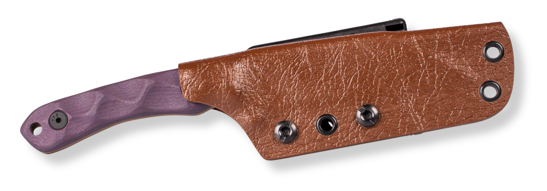 GP3 What The Kicks seated in its brown leather patterned Kydex sheath